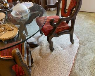 Words cannot describe how succinctly this dining table set with its 1970's gothic funk defines that post Vietnam era.  I realize this chair was made in my formative years and I understand why I am the way I am.  