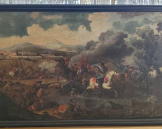 18th Century Large Oil.  Battle scene with many figures