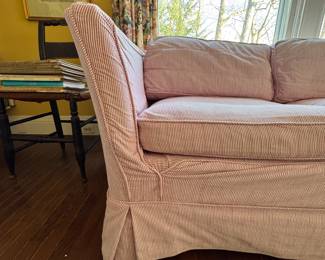 Three-Seat Sofa With Down-Filled Cushions Covered in Pink French Ticking Slipcover. Measures 86" W x 33" D. Photo 2 of 2. 