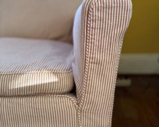 Loveseat with Down-Filled Cushions. Comes with Pink French Ticking Slipcover. Measures 56" W x 36" D. Photo 2 of 4. 