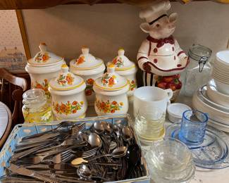 Pretty canister set, pig cookie jar, silverware 