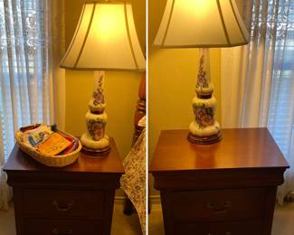 Matching dark wood night stands. Handpainted pottery lamp pair 