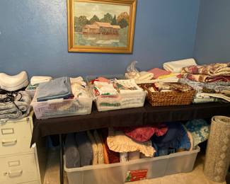 Linens!! Tablecloths, placemats, throw pillows, doily’s, embroidered pieces, Christmas kitchen towels 