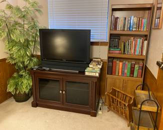 Media cabinet, tv, sound bar, books, bookcase, magazine rack 