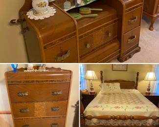 Beautiful Art Deco style Waterfall Matching bedroom set in excellent condition. . Dressing table or vanity, chest of drawers & full bed with head & foot board. 