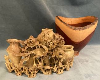 Soapstone Bird Carving With Vases And Wooden Bowl