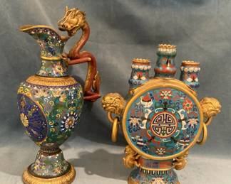 Cloisonn Pitcher With Dragon Handle And Candle Holder