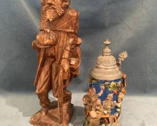 German Beer Stein And Hand Carved Farmer