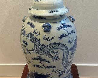 Large Blue And White Dragon Motif Ginger JarTemple Jar