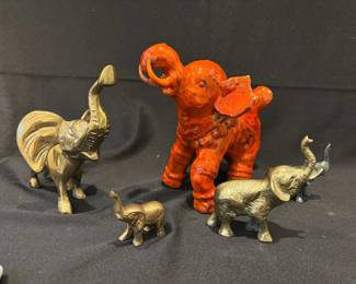 Signed Ceramic Red Elephant And Brass And Pewter Elephants