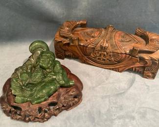 Carved Stone Buddha And Carved Wood Box