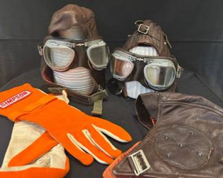 Vintage Brown Leather Racing Helmets Stadium Googles Gloves