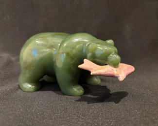 Carved Stone Grizzly Bear with Salmon