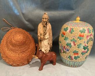 Chinese Ceramic Urn Native American Woven Hat Figurine And More