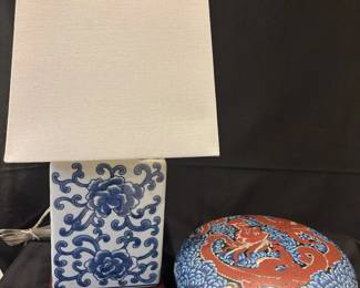 Porcelain Lamp And Lidded Brass Cloisonne Bowl