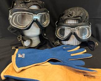 Vintage Black Leather Racing Caps Googles Gloves