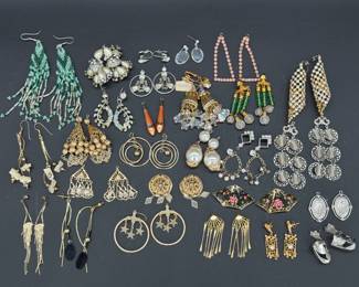 Mid Century to 1970s Pierced Earring Collection Large collection of dangle earrings from costume to fashion jewelry. One pair new with tags! Some earrings will need hooks.