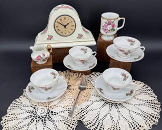 Vintage China Tea Set & Crochet Lace Doilies + Godinger Mantel Clock