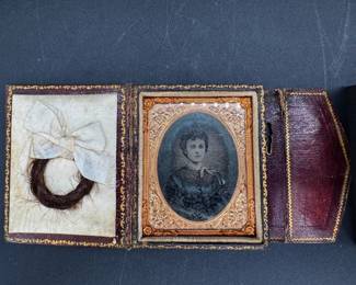 Antique Victorian Leather Case Daguerreotype w/ Braided Lock of Hair