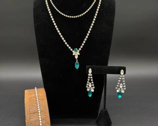 Mid Century Clear & Blue Rhinestone Costume Jewelry