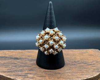 Vintage 14K Yellow Gold & 21 Pearl Ring