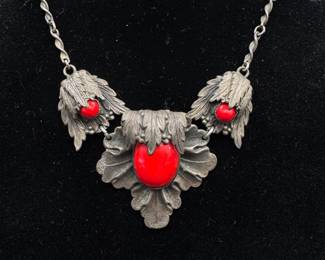 Antique Red Coral and Sterling Silver (?) Leaf Necklace