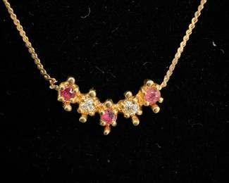 14k Gold Necklace w/Diamonds & Unknown Pink Stones