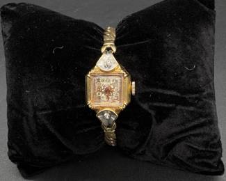 1940s Art Deco Bulova "Her Excellency" 14K Two Tone Gold & Diamond Watch