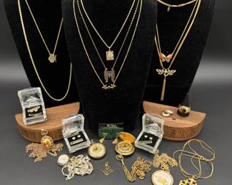 Vintage Gold Tone Jewelry & Pocket Watches + 14K Post Zirconia Earrings