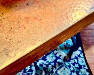FANTASTIC HAMMERED COPPER BREAKFAST TABLE WITH WROUGHT IRON BASE.