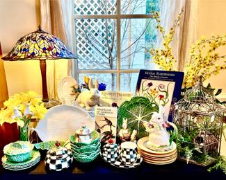 SPRING VIGNETTE WITH MACKENZIE COURTLY CHECK, PORTUGUESE BORDALLO PINHEIRO, BUNNIES, BOOKS, AND TIFFANY STYLE PEACOCK LAMP!