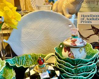 MICHAEL ARAM LEAF PLATTER.  MACKENZIE CHILDS COURTLY CHECK AND BORDALLO PINHEIRO.  MIX THEM!