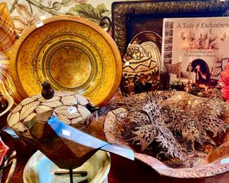 WILLIAMS-SONOMA LARGE FALL PLATTER, WOODEN BOWLS, POTTERY, AND BIRD!