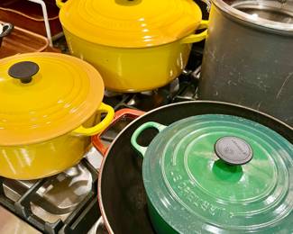 LE CREUSET ENAMEL POTS.