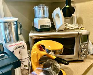 KITCHEN AID MIXER, CUISINART, BREVILLE TOASTER OVEN.