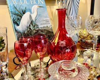 MIX VINTAGE DECANTER SET WITH MODERN ART GLASS.  WHAT A STATEMENT!