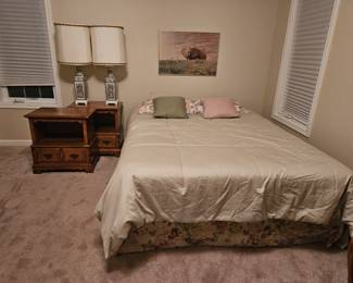 Link-Taylor twin night stands and queen bed on metal frame. 