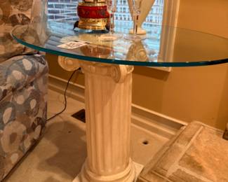 Oval Glass Pedestal Column Table , Waterford Lismore Candlesticks Pair, Reuge Lipstick Carousel Music Box, 	Fenton Crest Fan Vase