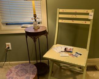 Painted Folding Chair,  Patterned Hat Boxes, Iron Side Table

