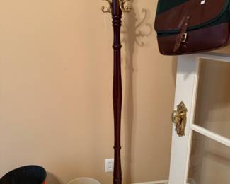 Vintage Detroit Redwings Trashcan, Wood and Brass Coat Rack, Pheasant Painted Trashcan