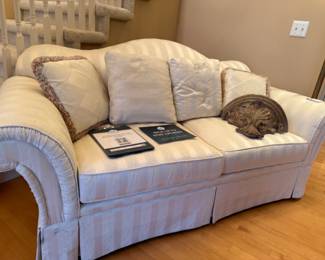 Drexel Heritage Loveseat, Floor Lamp, Pillows, Decorative Wall Shelf