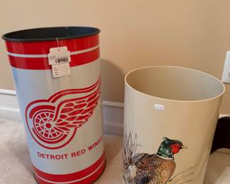 Vintage Detroit Redwings Trashcan, Pheasant Painted Trashcan