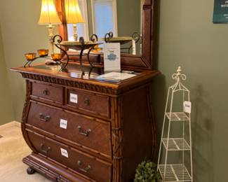 Wire Tiered Plant Rack,  American Signature Dresser with Mirror, Faux Boxwood Topiary
