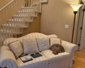 Drexel Heritage Loveseat, Floor Lamp, Pillows, Decorative Wall Shelf