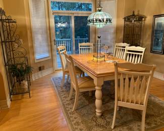 Dining Table with 6 Chairs, Wrought Iron Baker's Rack (W.L.), Iron & Marble Wine Rack (W.L.)