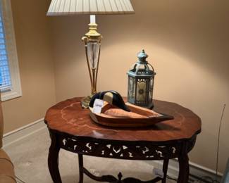 Carved Wood Inlay Table, Brass and Glass Table Lamp, Painted Wood Goose Bowl