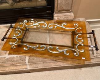 Amber Glass Rectangle Platter on Metal Stand