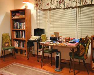 Vintage Retro Dining Table with 3 Chairs, Books, Bookcase, Old Typewriter and Vintage Metal Typewriter Table