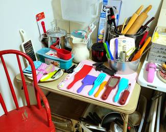 Vintage Red Highchair, Kitchenware, New Silicone Utinsels, etc.