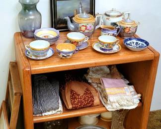 Bar Cart / Storage Cart with Teapots, Linens, and Glassware